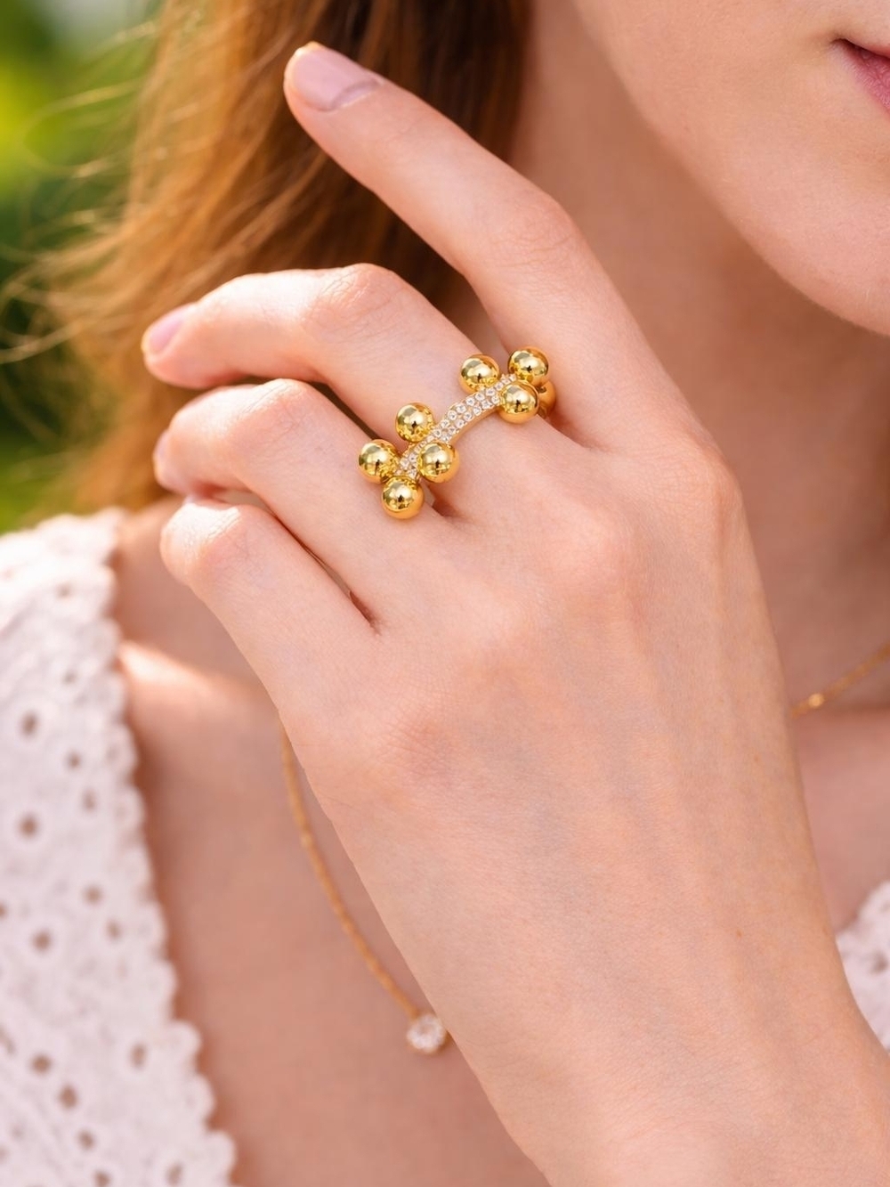 Gold Bead Cluster Ring with Pavé Accent - Picture 3 of 3